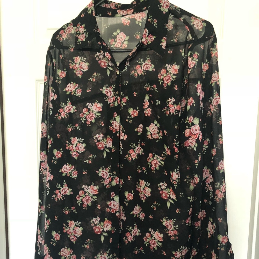 Sheer long sleeve button down floral shirt